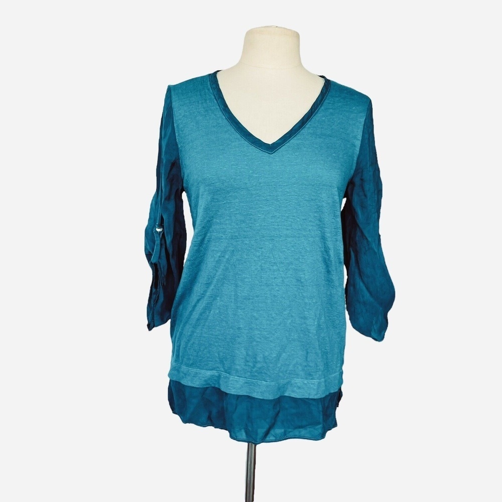 SOFT SURROUNDINGS Tunic Top Teal Blue Green Layered Trim Size S/M Roll-tab Slv.